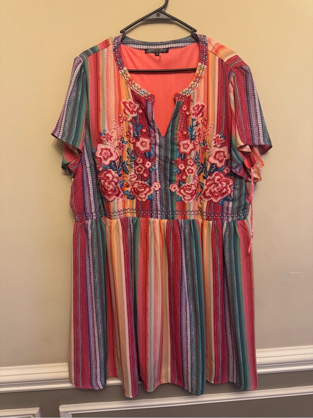 Colorful Stripe Embroidered V-Neck Women's Dress - Pink Multicolor